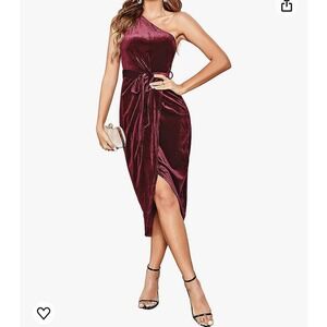 One Shoulder Velvet Midi Gown, Maroon, Size XL, 802-X‎